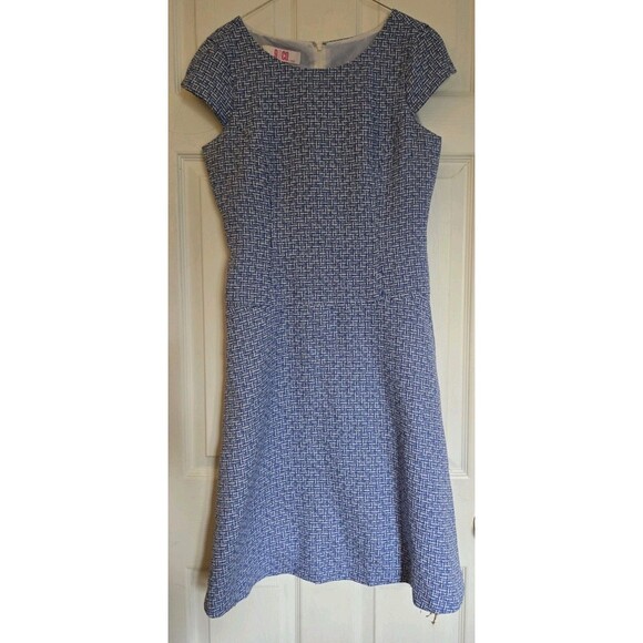 9 & CO Midi Dress Size 6 Blue White Tweed Fit And Flare A Line Cap Sleeve Spring - Picture 3 of 13